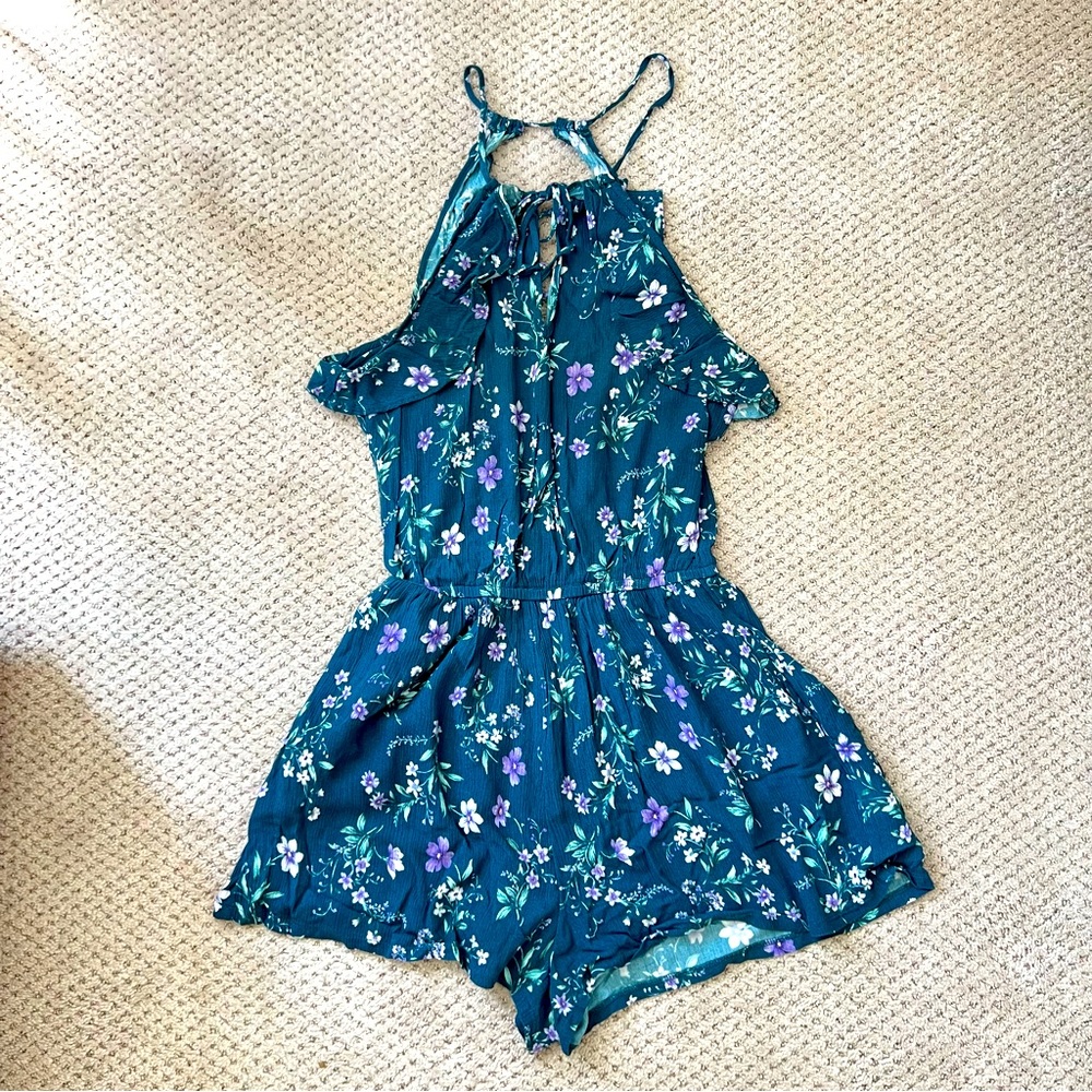 American Eagle Outfitters Floral Ruffle Shorts Romper Teal Green